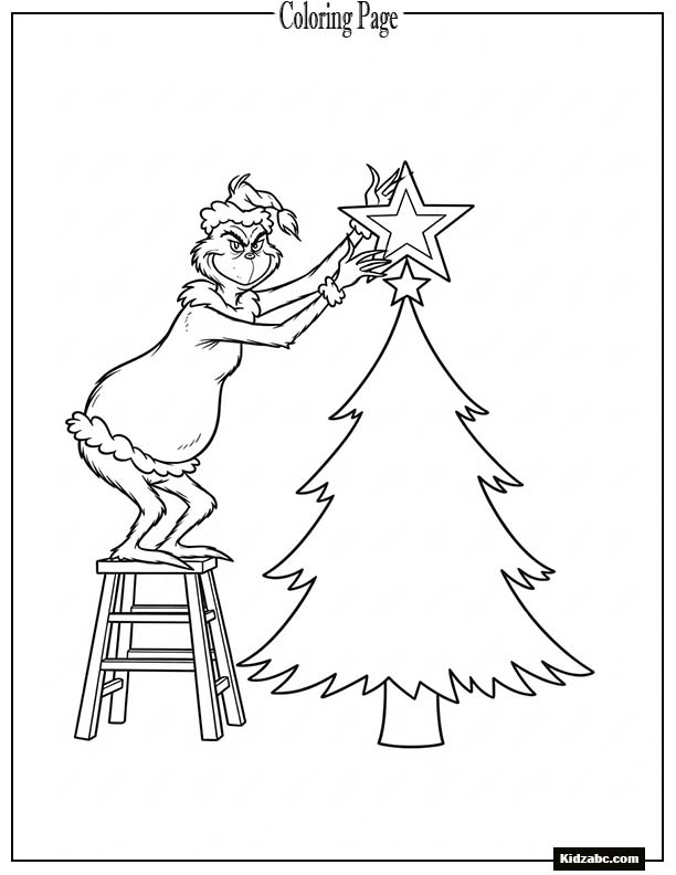 The Grinch holding a star on top of a tree