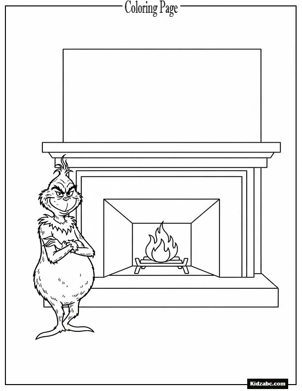 The Grinch in front of a blank fireplace