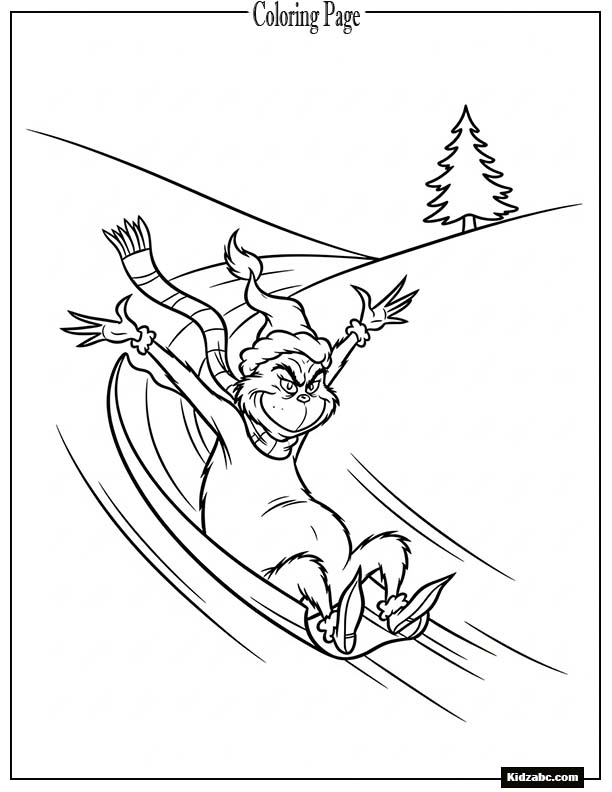 The Grinch in mid-slide down a snowy hill