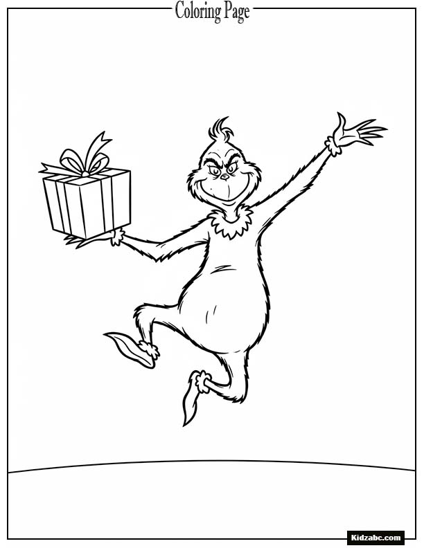 The Grinch jumping with a gift in hand