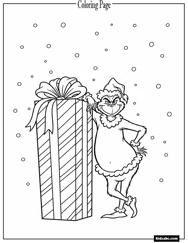 The Grinch leaning on a tall wrapped present