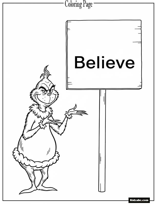 The Grinch next to a plain  sign board