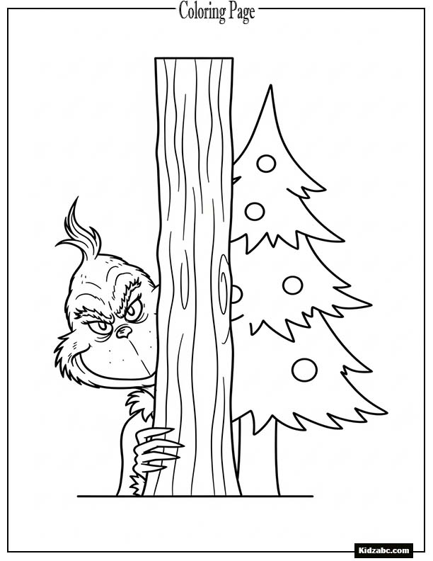 The Grinch peeking around a Christmas tree trunk