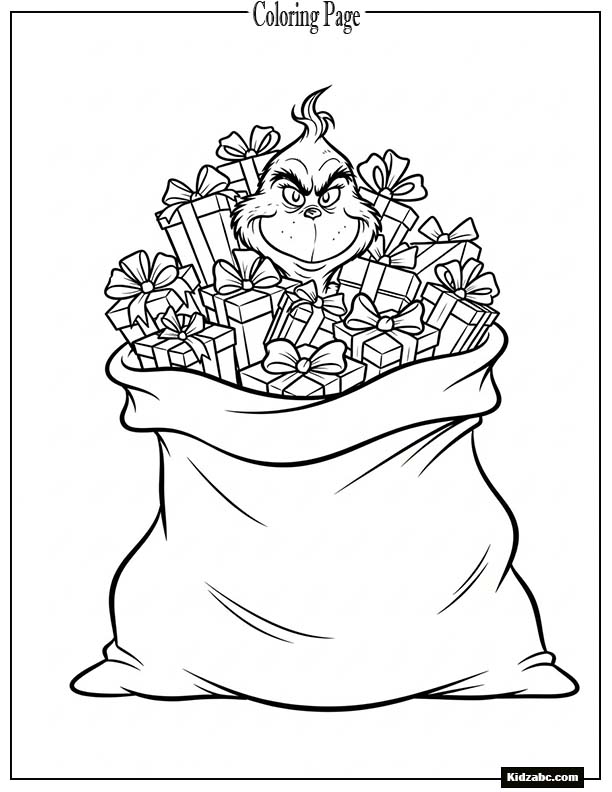 The Grinch peeking out of a sack of gifts