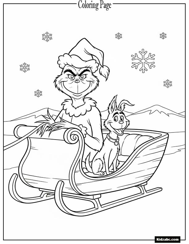 The Grinch sitting in a sleigh of simple shape with Max