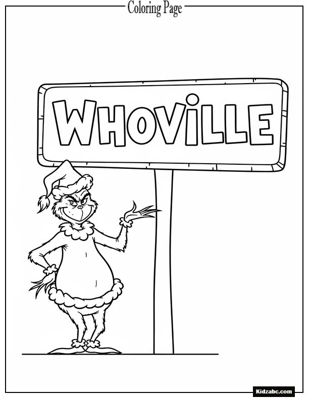 The Grinch standing in front of a plain sign that says