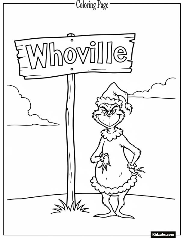 The Grinch standing under a Whoville sign