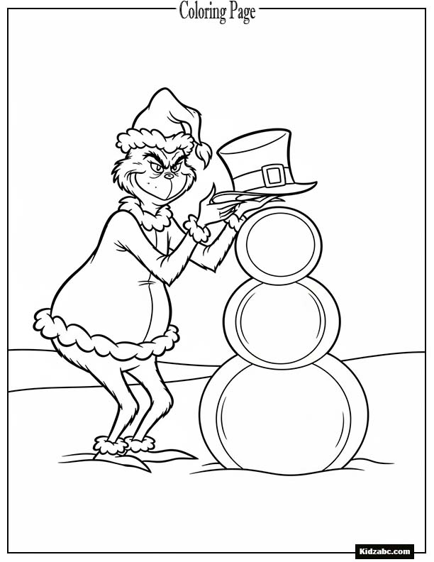 The Grinch tipping a snowman hat on a snowman body