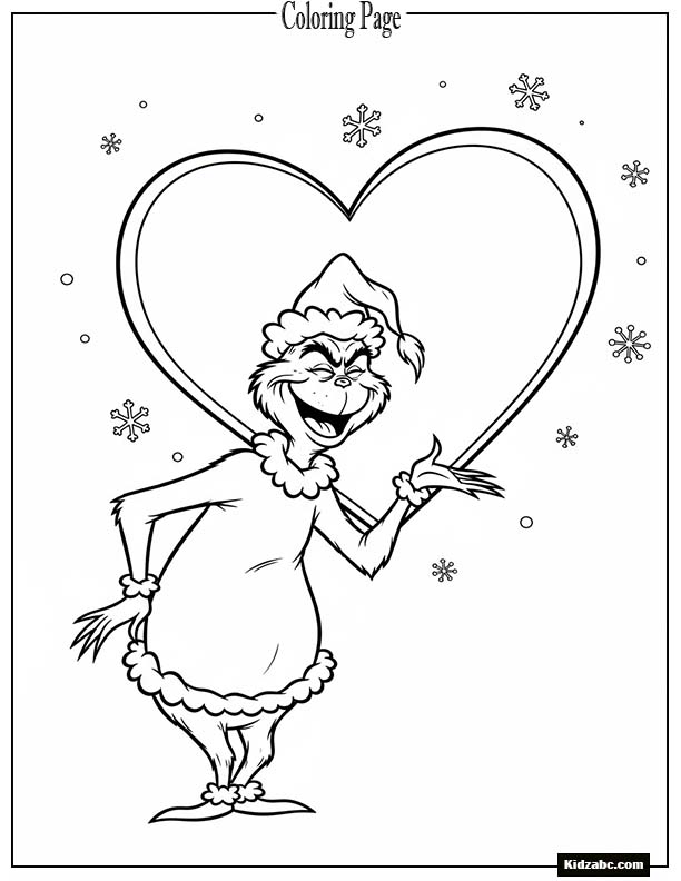 The Grinch with a huge grin, behind him a simple heart