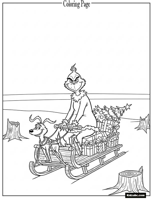 The Grinch with a sled pulled by Max