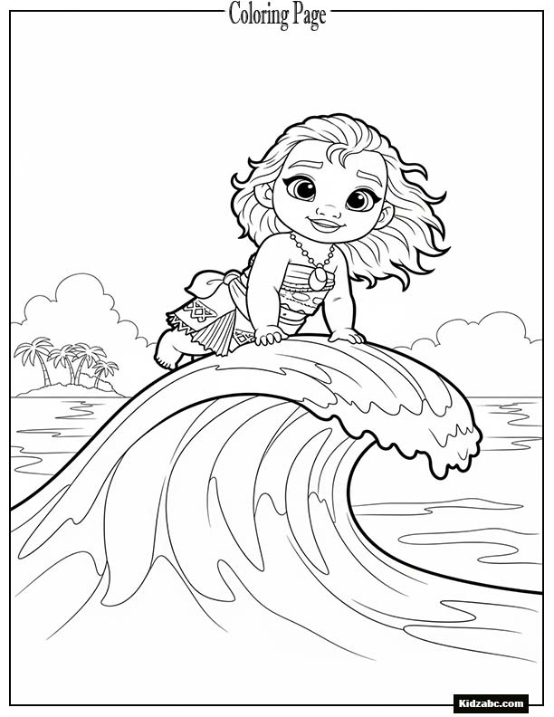 The ocean gently lifting baby Moana on a water wave