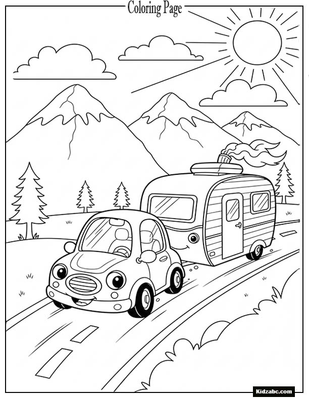 Tiny car towing a happy camper trailer