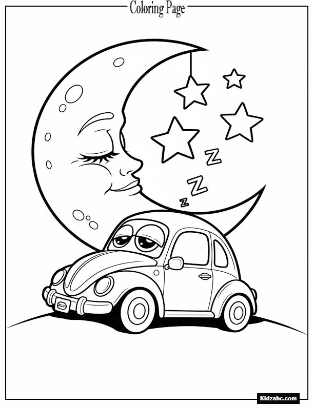 Tiny cartoon car sleeping under the moon
