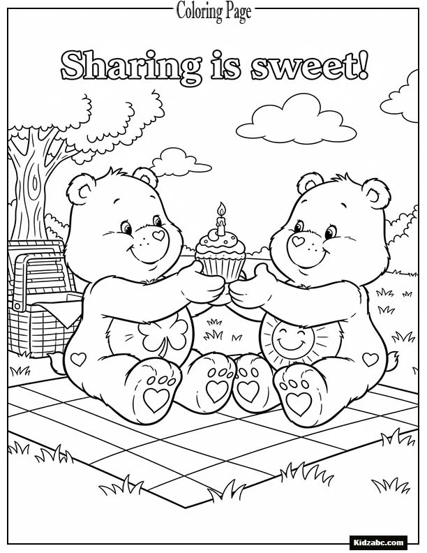 Two Care Bears sharing a cupcake