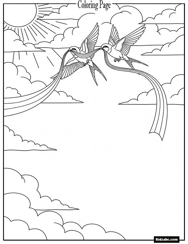 Two birds carrying a rainbow ribbon across the sky