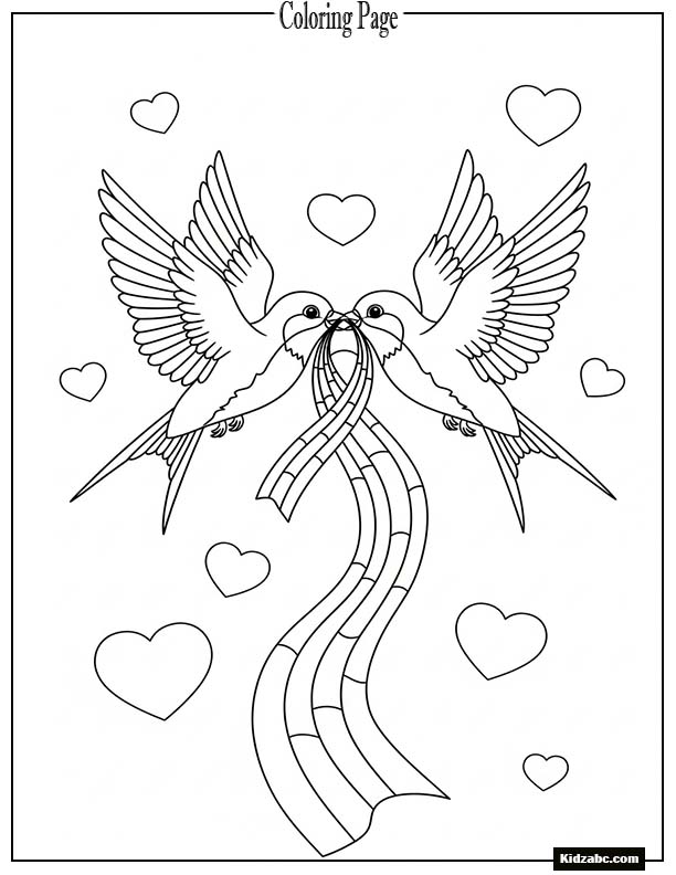 Two birds flying together carrying a rainbow