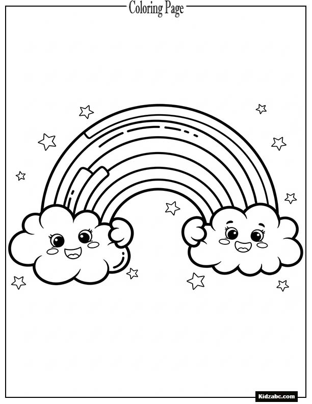 Two happy clouds holding a rainbow between them