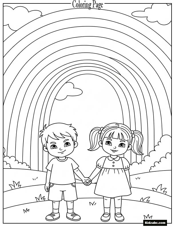 Two kids holding hands under a rainbow
