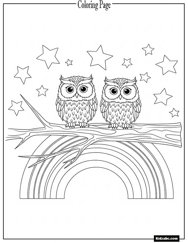 Two owls sitting on a rainbow-shaped branch