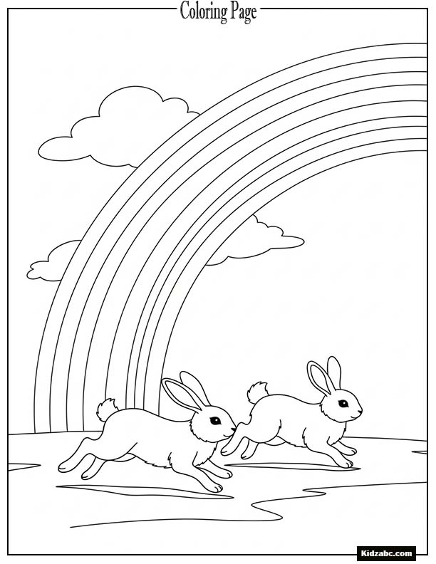 Two rabbits hopping together under a rainbow sky