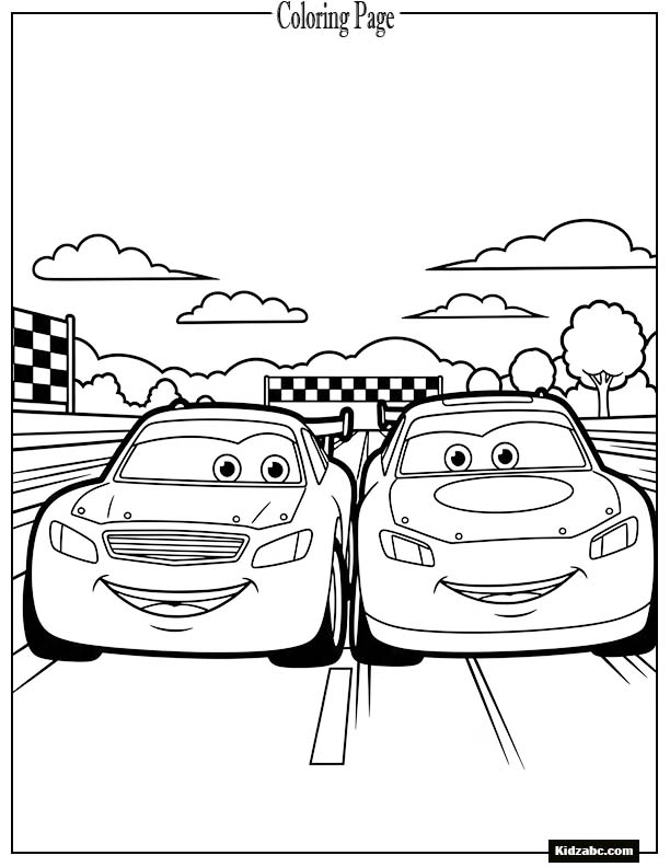 Two smiling race cars side by side in a friendly race