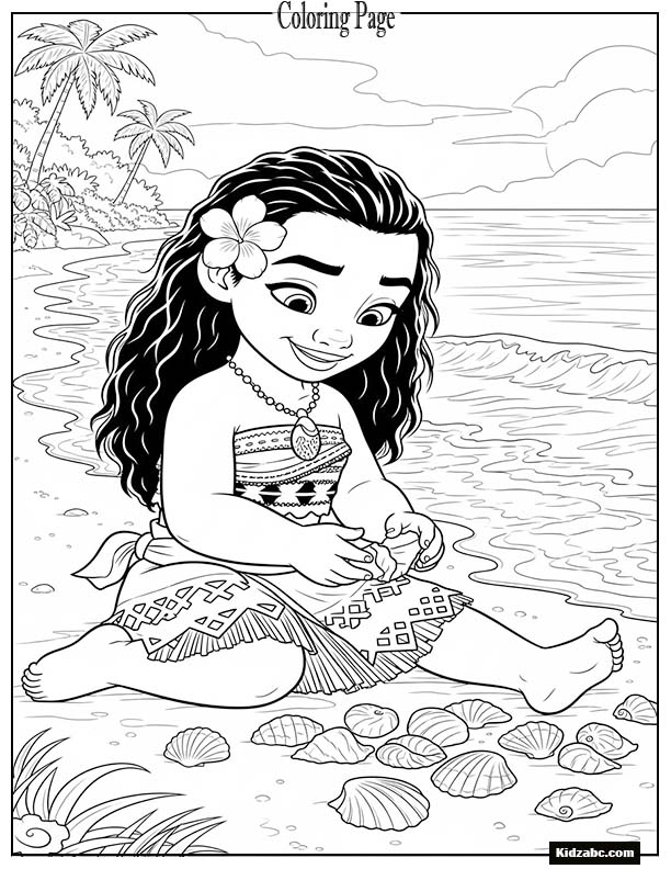 Young Moana playing with seashells near the shore