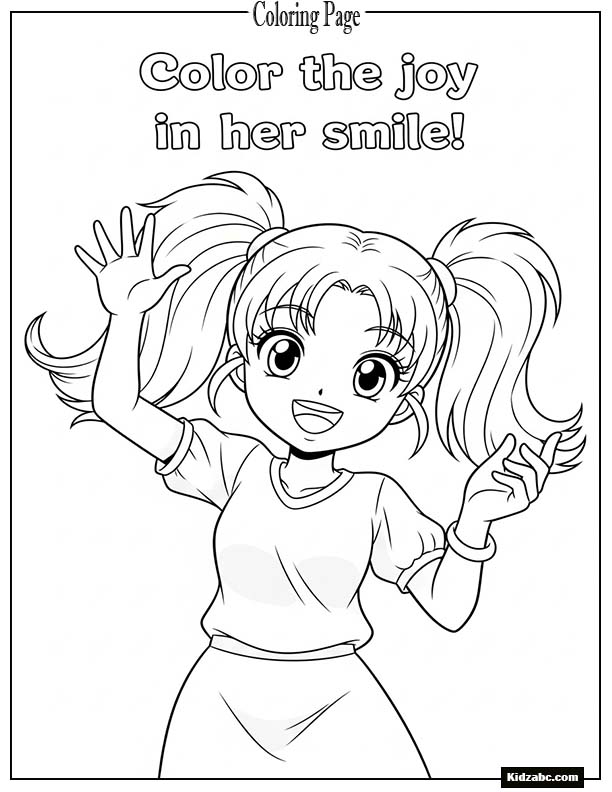 A cheerful anime girl with big eyes and twin ponytails waving her hand