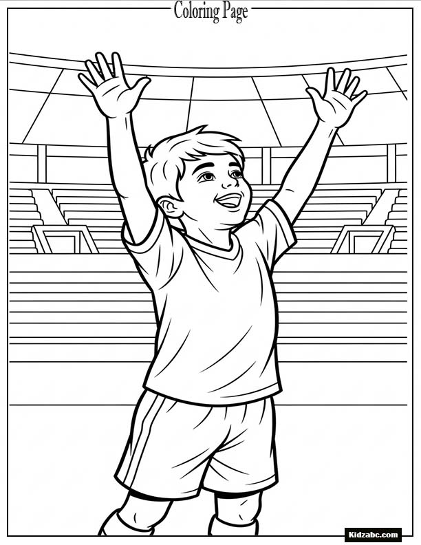 A child football player celebrating a goal with both hands raised
