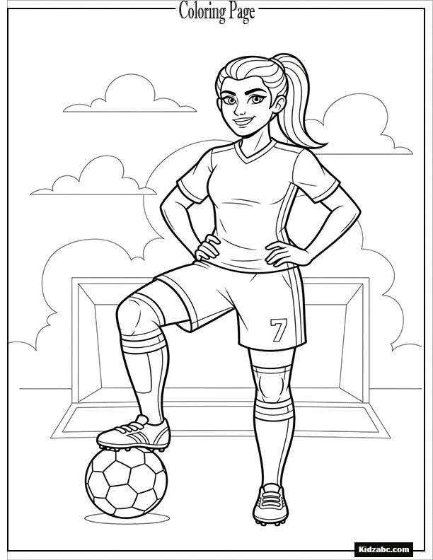 A confident female footballer standing with one foot on the ball