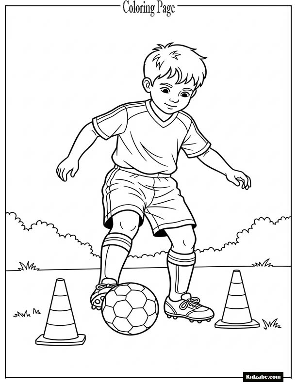 A kid footballer practicing dribbling cones