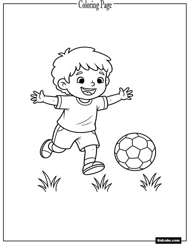 A small kid chasing a football smiling happily