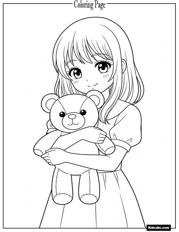 Adorable anime girl hugging a teddy bear