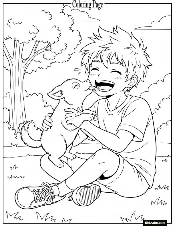 Anime boy and his puppy playing together