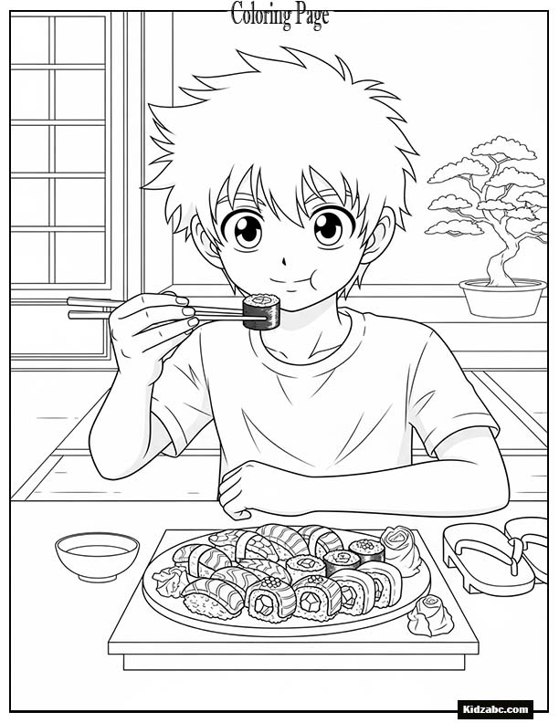 Anime boy eating sushi with chopsticks 