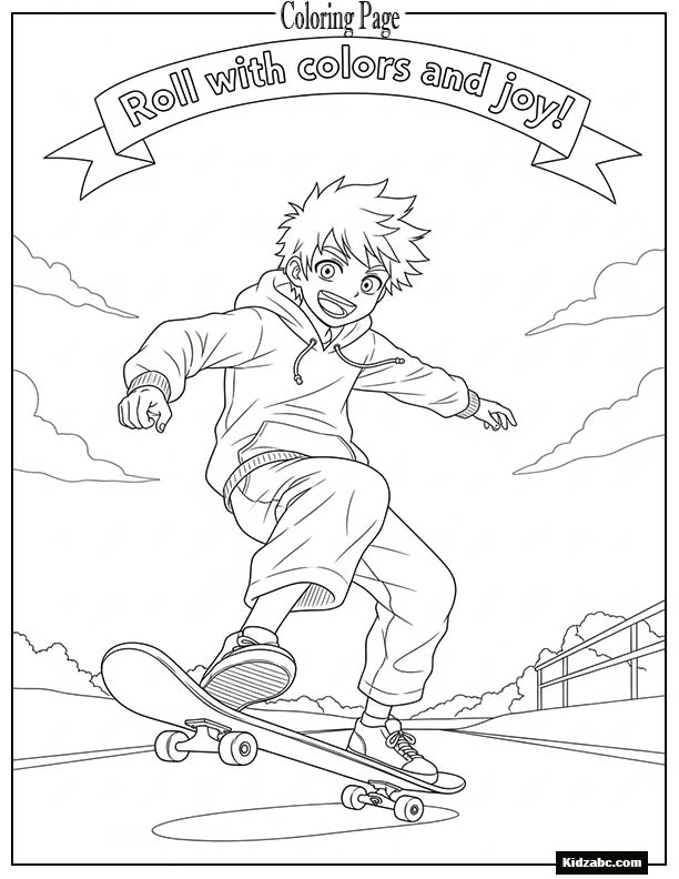 Anime boy riding a skateboard