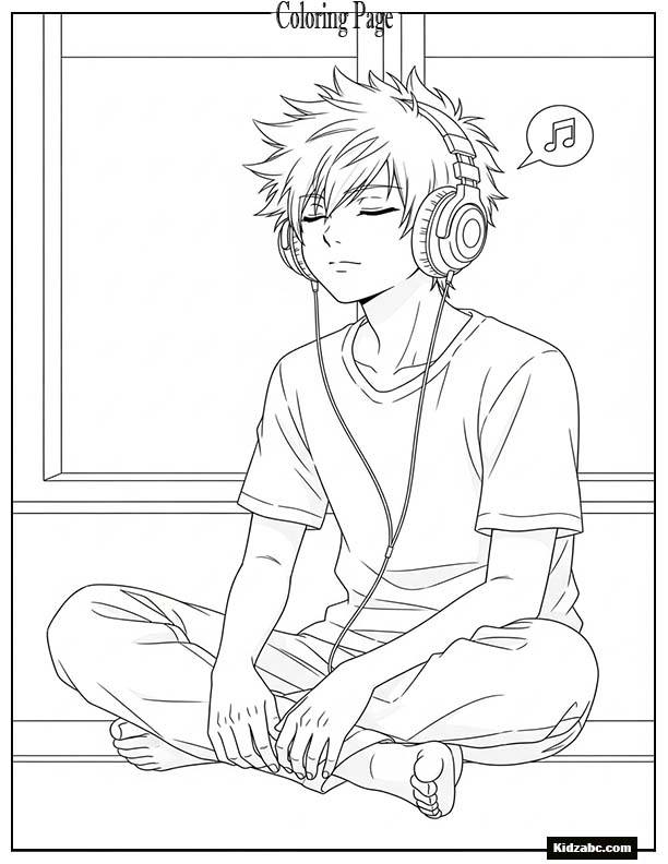 Anime boy with headphones listening to music