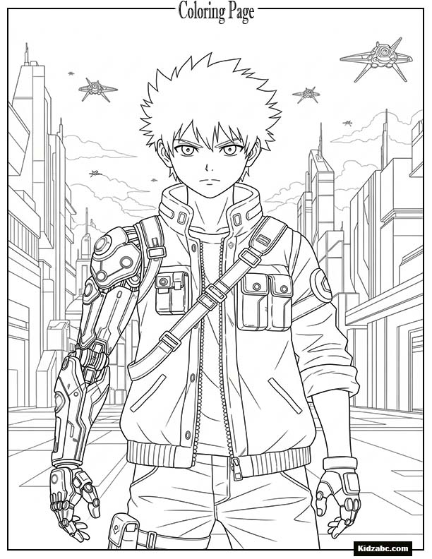 Anime boy with robotic arm, sci-fi style