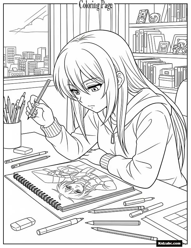 Anime character sketching on a drawing pad