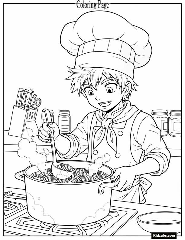 Anime chef boy cooking noodles