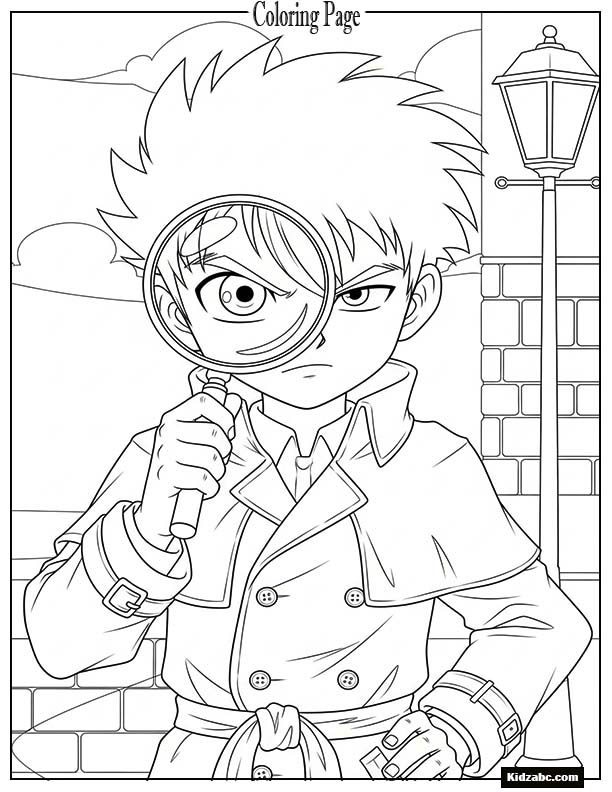 Anime detective boy holding magnifying glass