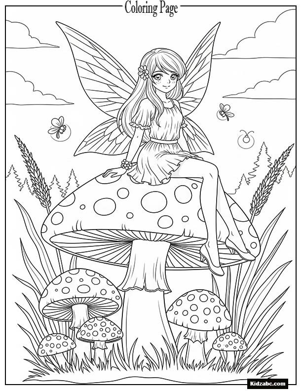 Anime fairy sitting on a mushroom