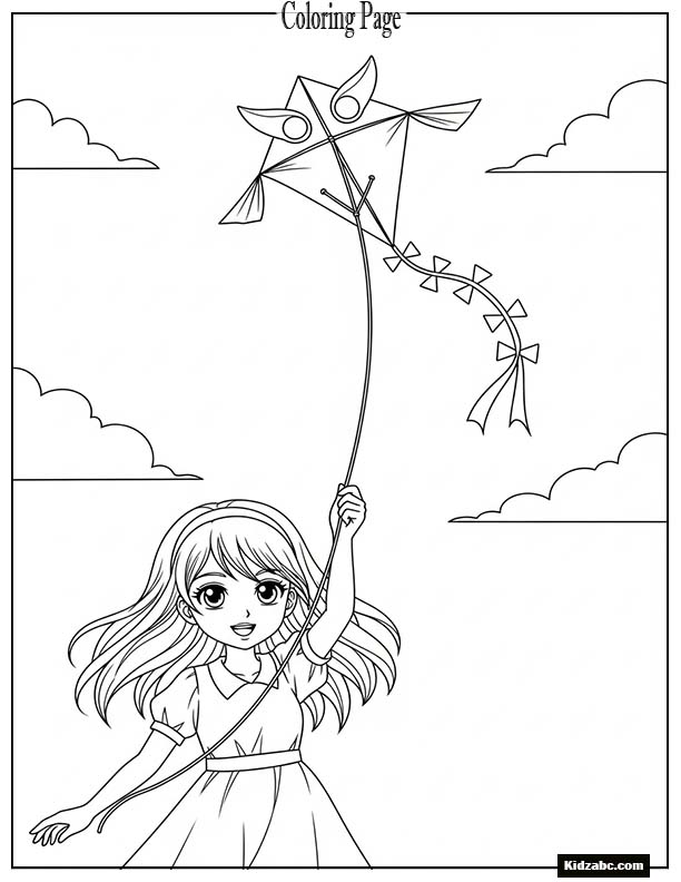 Anime girl flying a kite, simple clouds