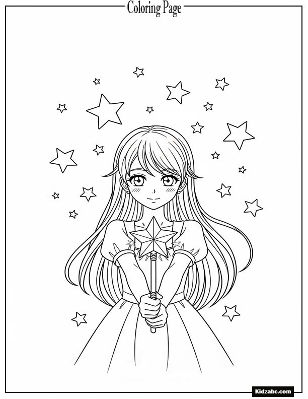 Anime girl holding a magic wand with stars around her
