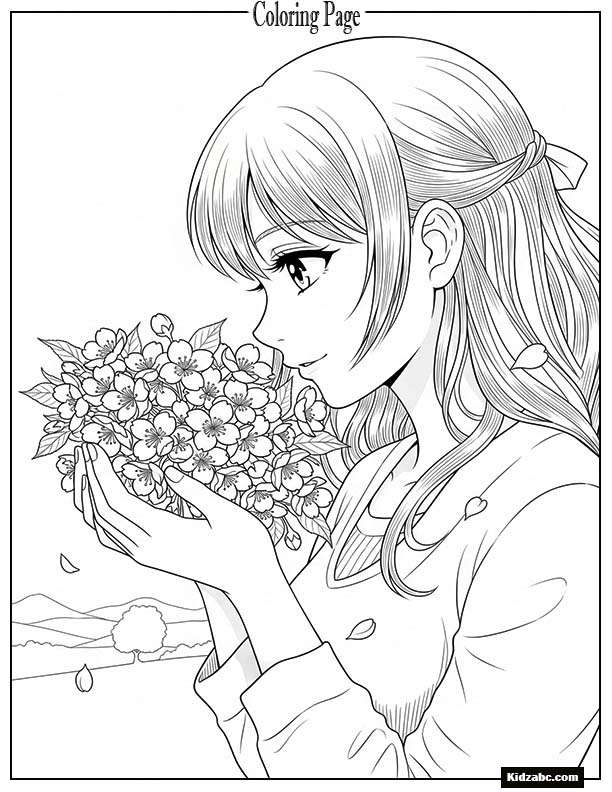 Anime girl holding cherry blossoms in both hands