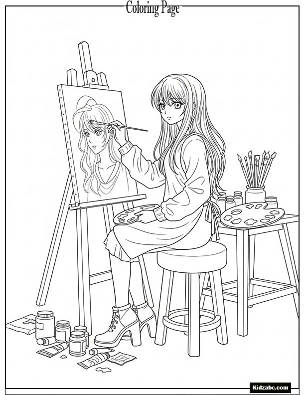 Anime girl painting a canvas