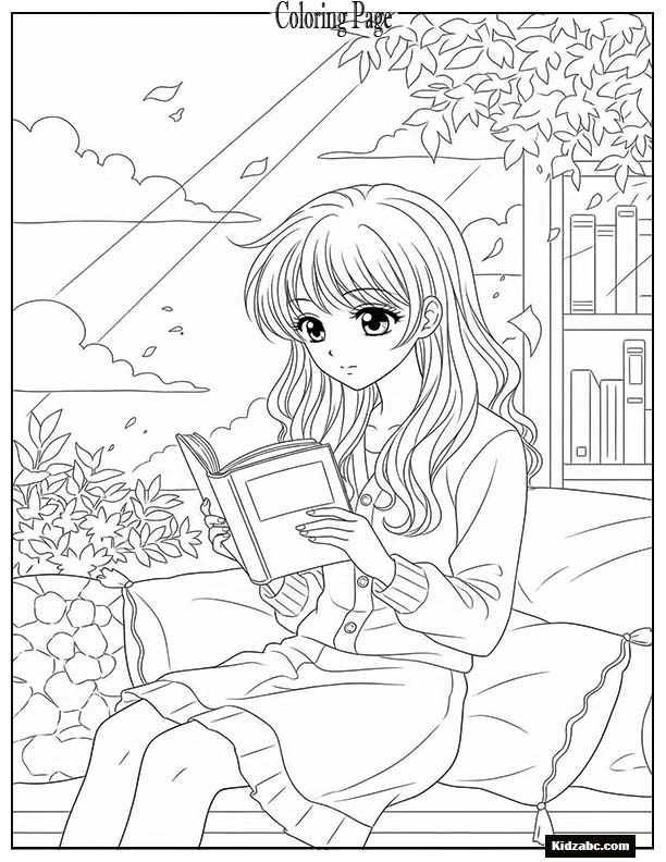 Anime girl reading a book under soft sunlight