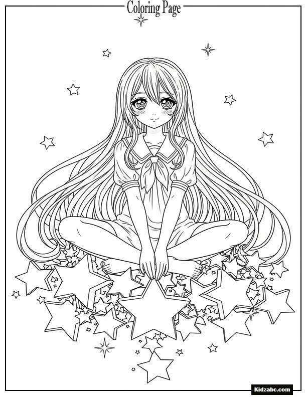 Anime girl sitting on stars with dreamy eyes