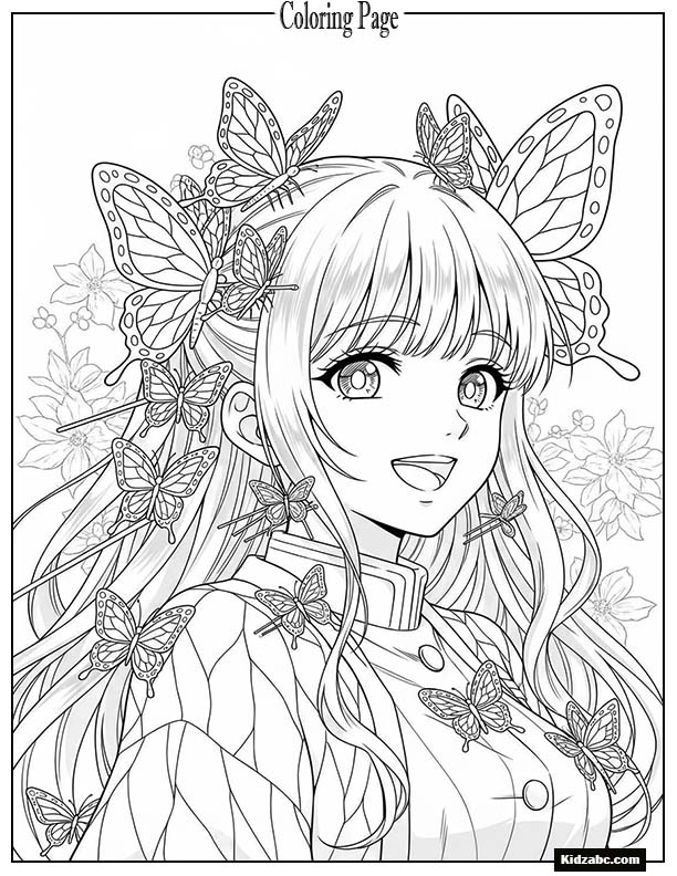 Anime girl with butterfly hairpins smiling