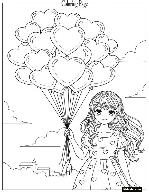 Anime girl with heart-shaped balloons