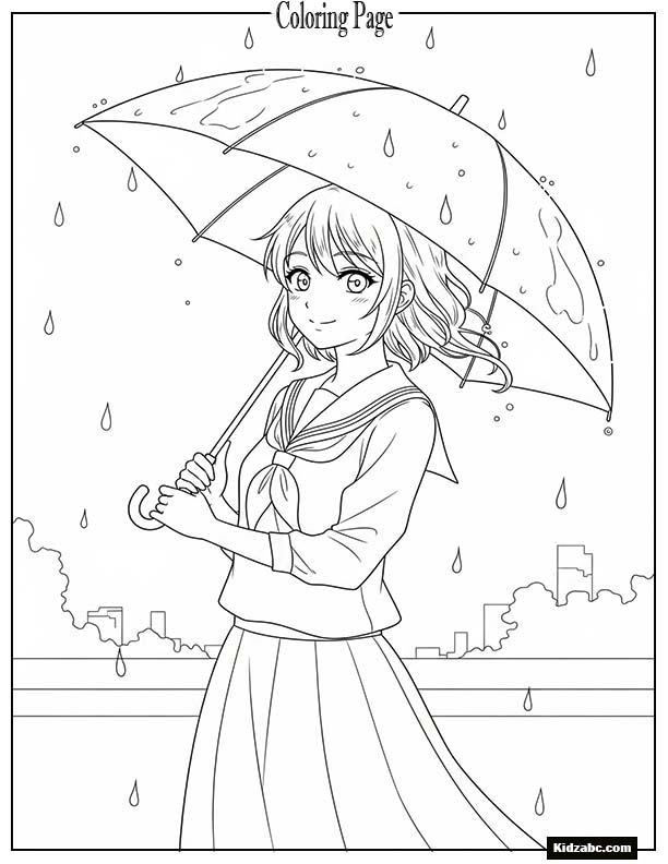 Anime girl with umbrella in light rain